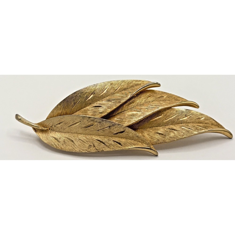 Vintage KRAMER Gold Tone Textured Multi Leaf Brooch Pin Mid Century